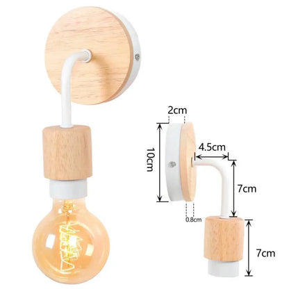 Minimalist wall light with light wood backplate, white curved arm, and wooden accents for decorbites industrial led wall