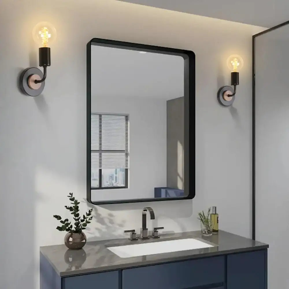 Black-framed rectangular bathroom mirror paired with decorbites industrial led black and white wall light set for bedroom wood sconces