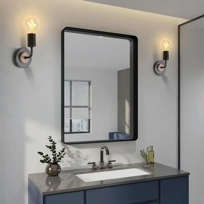 Black-framed rectangular bathroom mirror paired with decorbites industrial led black and white wall light set for bedroom wood sconces