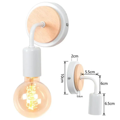 White wall light with wooden circular backplate and exposed filament bulb in decorbites industrial led wall set