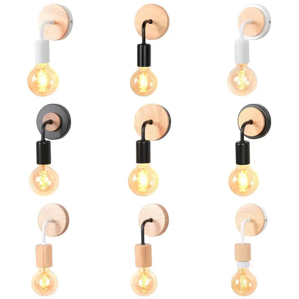 Set of nine industrial led wall light sconces with natural wood backplates black and white metal accents exposed bulbs