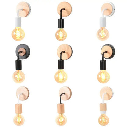 Set of nine industrial led wall light sconces with natural wood backplates black and white metal accents exposed bulbs
