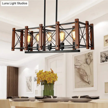 Industrial black wood 5-light island pendant with black metal frame wooden accents and e26 e27 exposed bulbs