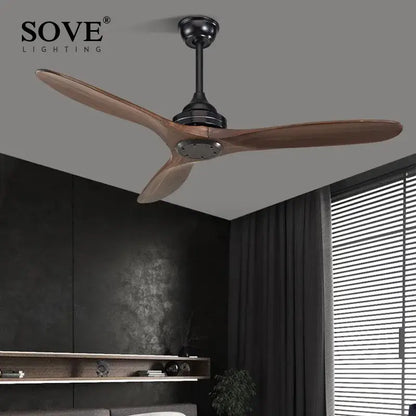 Sove lighting industrial black wood ceiling fan with three wooden blades and black metal housing for living room decorbites black wood