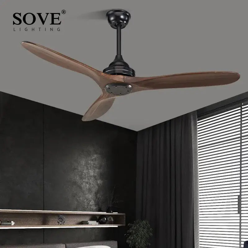 Sove lighting industrial black wood ceiling fan with three wooden blades and black metal housing for living room decorbites black wood