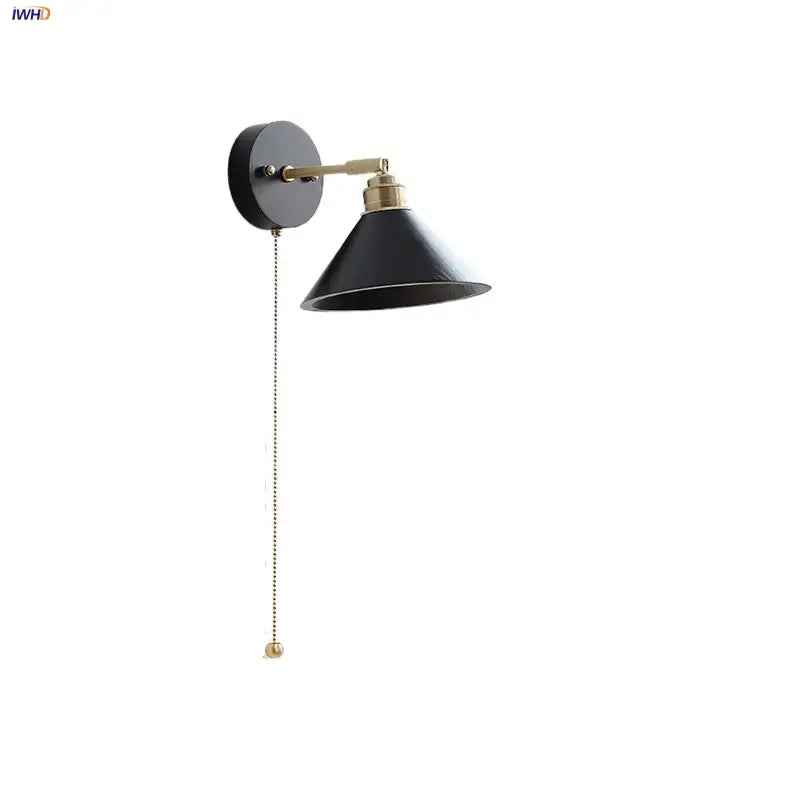 Industrial black wood led wall sconce with brass accent pull-chain switch for stair light decorbites black wood design