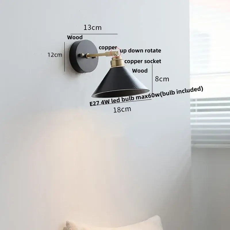 Industrial black wood led wall sconce with copper arm wooden mounting plate and brass pull chain for bedroom decorbites black wood