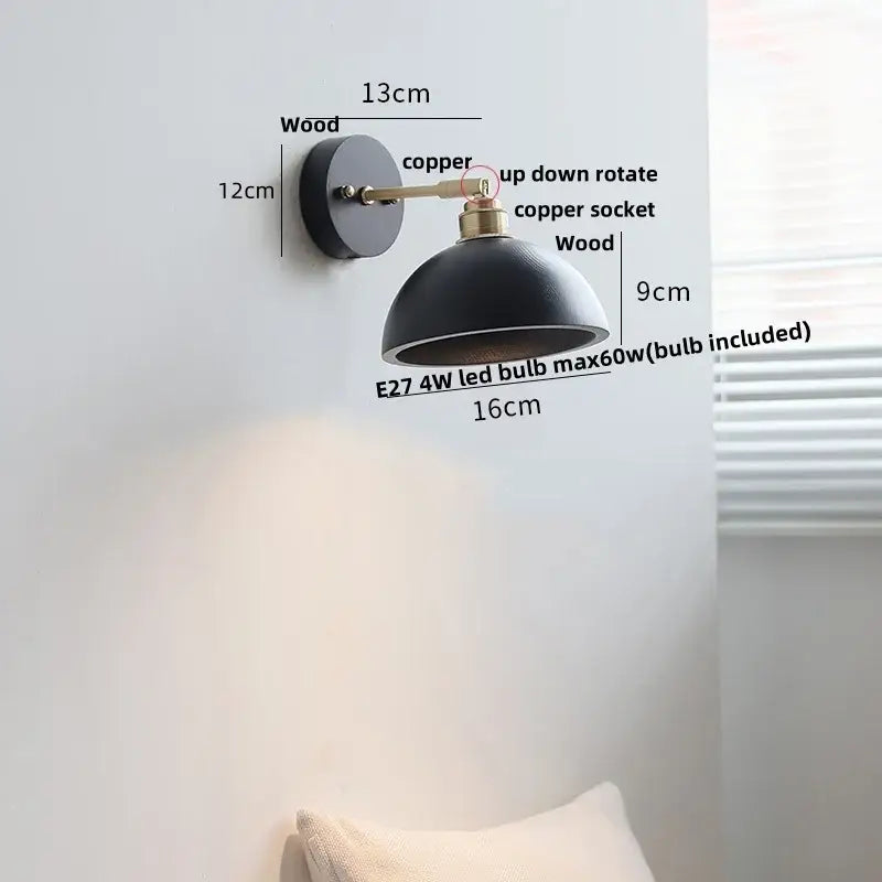 Industrial black wood led wall sconce with black dome shade copper arm and wooden base for bedroom decorbites black wood