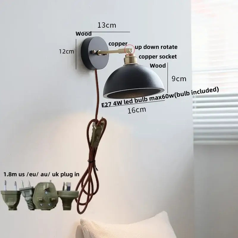 Industrial black wood led wall sconce with a black dome shade wooden base and copper accents by decorbites