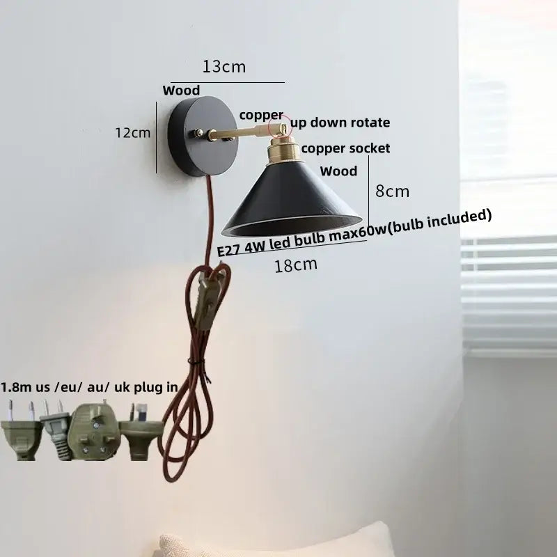 Industrial black wood led wall sconce with black conical lampshade copper accents and wooden mounting base decorbites black wood