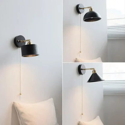 Industrial black wood led wall sconce with black matte finish brass pull chain for bedroom decorbites black wood lighting