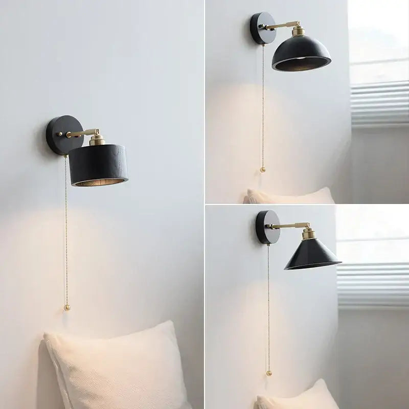 Industrial black wood led wall sconce with black matte finish brass pull chain for bedroom decorbites black wood lighting
