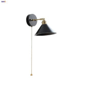 Industrial black wood led wall sconce with black matte finish brass accents and pull chain for bedroom decorbites black wood
