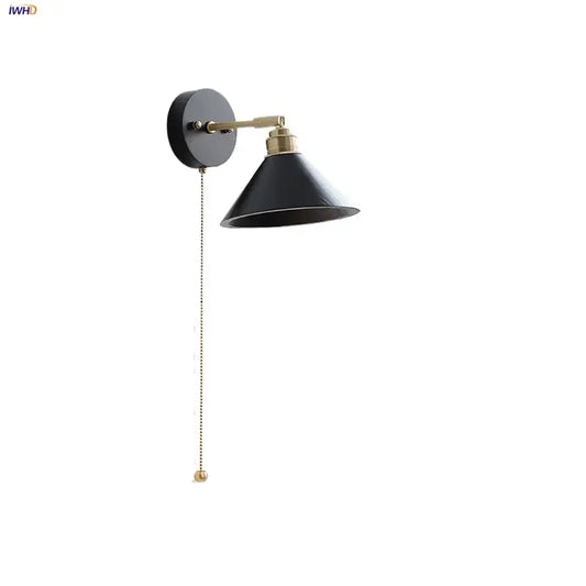 Industrial black wood led wall sconce with black matte finish brass accents and pull chain for bedroom decorbites black wood