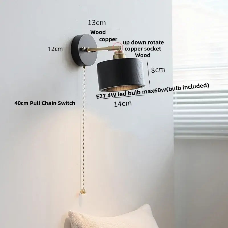 Industrial black wood led wall sconce with black matte finish copper arm and cylindrical shade for bedroom decorbites black wood
