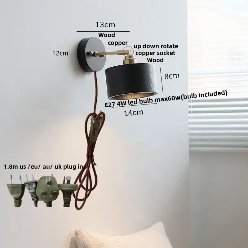 Industrial black wood led wall sconce with copper arm, wood base, adjustable socket, and brass pull chain for bedroom decorbites black wood