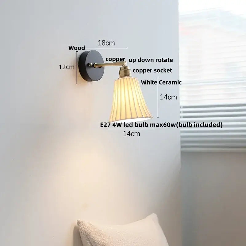 Industrial black wood led wall sconce with copper arm white pleated ceramic shade and decorbites black wood base