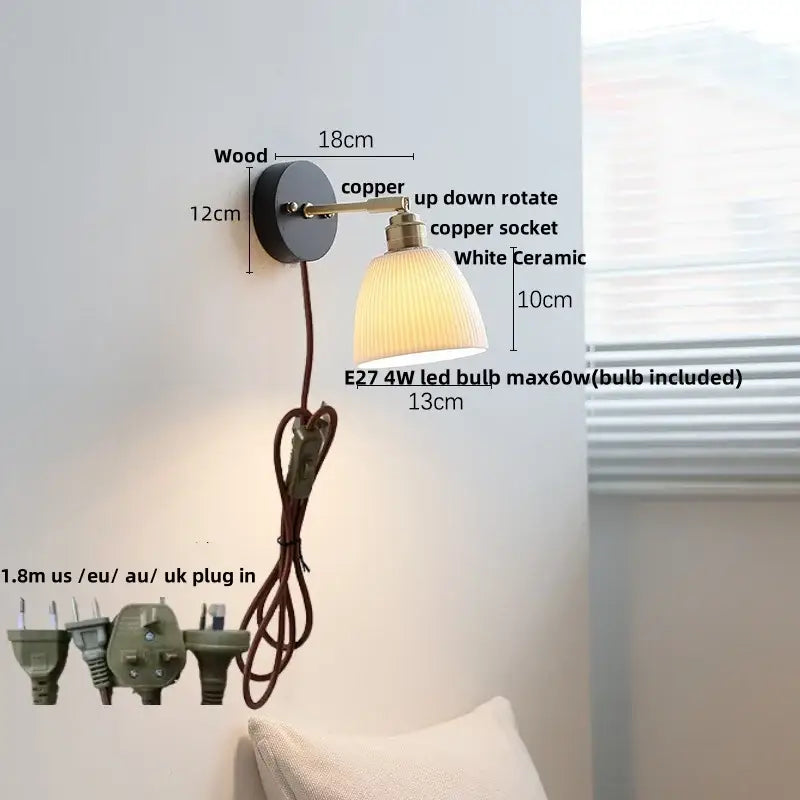 Industrial black wood led wall sconce with dark wood base copper arm white ceramic shade and brass pull chain decorbites black wood