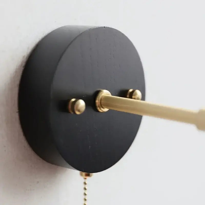 Industrial black wood LED wall sconce with brass pull chain wall sconce for bedroom decor by decorbites black wood