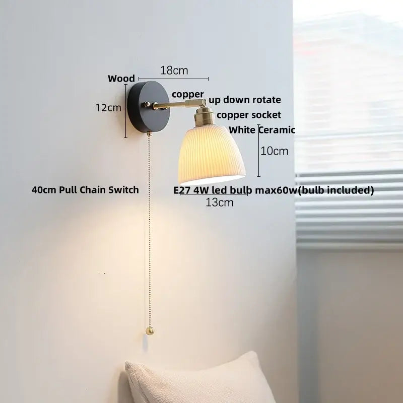 Industrial black wood led wall sconce with copper finish white ceramic shade and wood mounting plate decorbites black wood