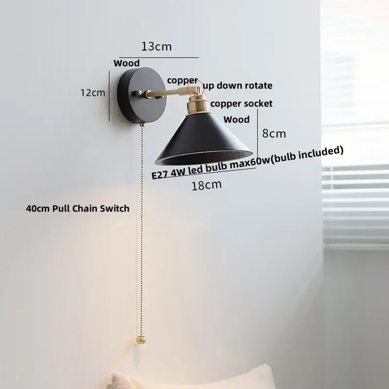 Industrial black wood led wall sconce with black conical lampshade wooden base copper accents and brass pull chain switch