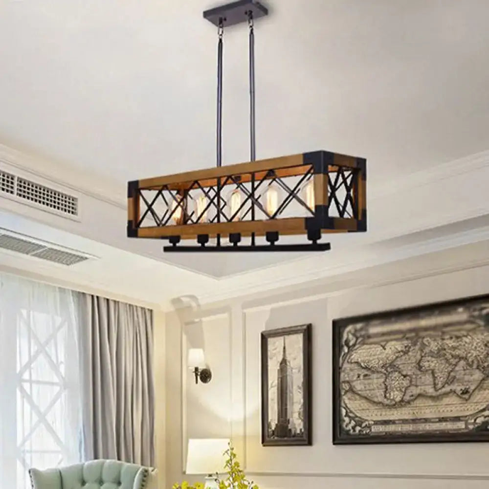 Rustic rectangular island chandelier light with wooden frame and black metal accents featuring exposed bulbs for living room decor
