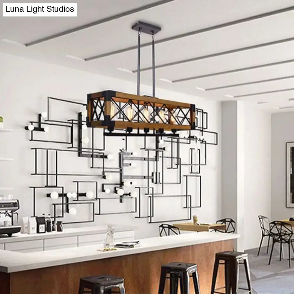 Decorbites industrial wood rectangular island chandelier light with rustic wooden frame and black metal accents for living room decor