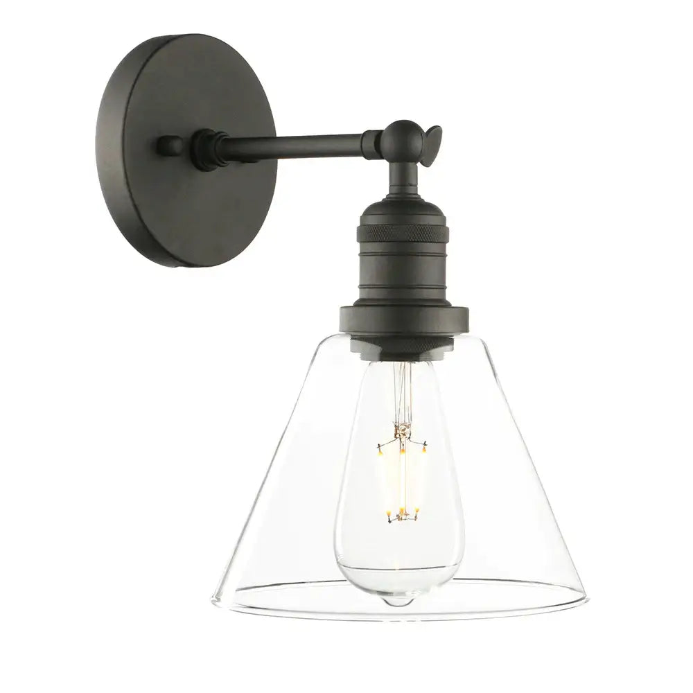 Industrial black wrought iron wall lamp with clear glass shade and exposed filament bulb for bedroom use