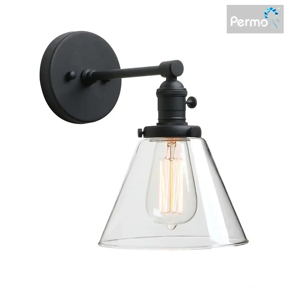 Industrial black wrought iron wall sconce with clear glass cone canopy shade and exposed filament bulb for kitchen decorbites cone canopy wall