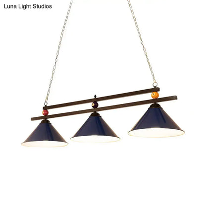 Navy blue enamel cone shade ceiling pendant lights with pool ball accents and metal chains by decorbites