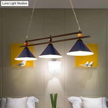 Decorbites™ blue cone shade ceiling pendant with wooden bar and chain suspension for industrial lighting