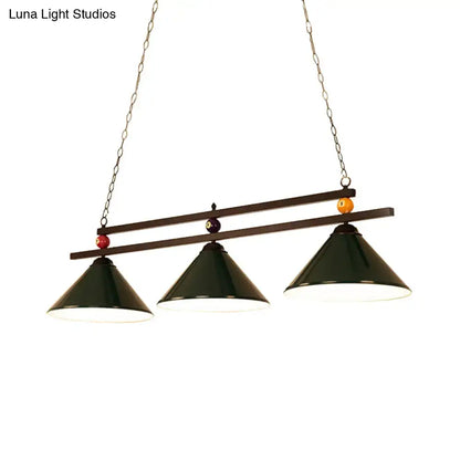 DecorBites™ dark green cone shade ceiling pendant with rustic wooden bar and chain suspension for industrial decor