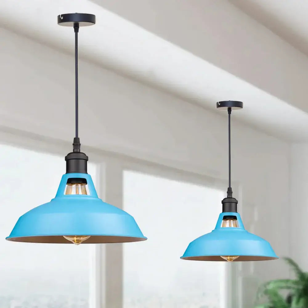 Bright blue industrial pendant light with black metal fixtures and exposed filament bulbs for kitchen decorbites blue vintage