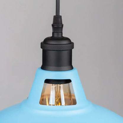 Industrial blue vintage pendant light with light blue matte finish and black textured socket featuring exposed filament bulb