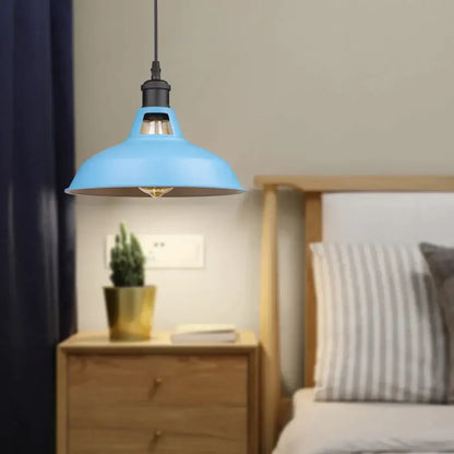 Light blue industrial-style pendant light with black fixture and exposed bulb for decorbites blue vintage kitchen decor