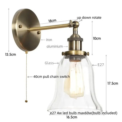 Industrial brass and clear glass wall sconce with antique brass finish and e27 led bulb for bedroom decorbites industrial clear