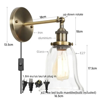 Industrial brass and clear glass wall sconce with antique brass finish and e27 led bulb for bedroom decorbites industrial clear