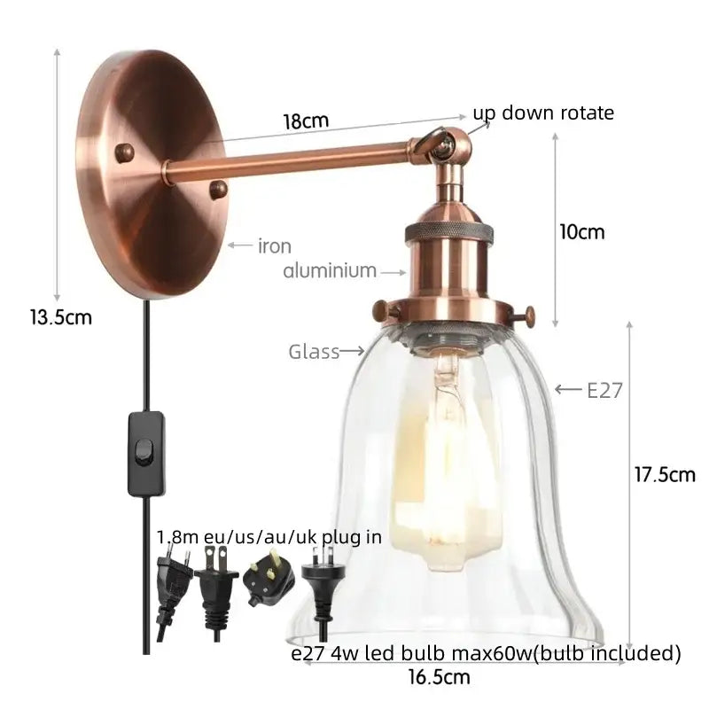 Copper-finished industrial brass wall sconce with clear glass bell-shaped shade and adjustable arm for bedroom decorbites industrial clear