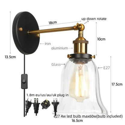 Industrial brass and clear glass wall sconce with black iron mount and included e27 led bulb for bedroom decorbites industrial clear