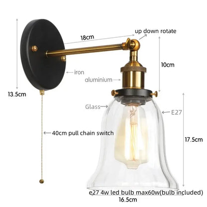 Industrial brass and clear glass wall sconce with black iron backplate and e27 led bulb for decorbites industrial clear style