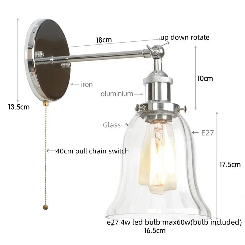 Industrial brass and clear glass wall sconce with polished chrome aluminum arm and e27 led bulb for bedroom decorbites industrial clear
