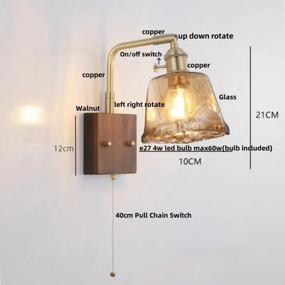 Industrial brass and walnut led wall light with copper and walnut sconce and textured amber glass shade for decorbites wall light