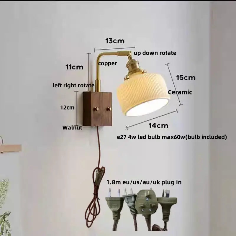 Copper-finished wall light with ribbed ceramic shade and walnut wood base industrial brass and walnut led wall light decorbites led wall