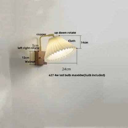 A warm-toned copper industrial brass and walnut led wall light with pleated cream shade for bedroom decorbites led wall