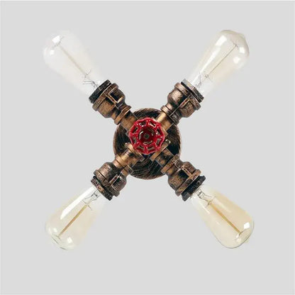 Industrial brass ceiling chandelier with four vintage edison bulbs and a red valve handle for decorbites industrial brass lighting
