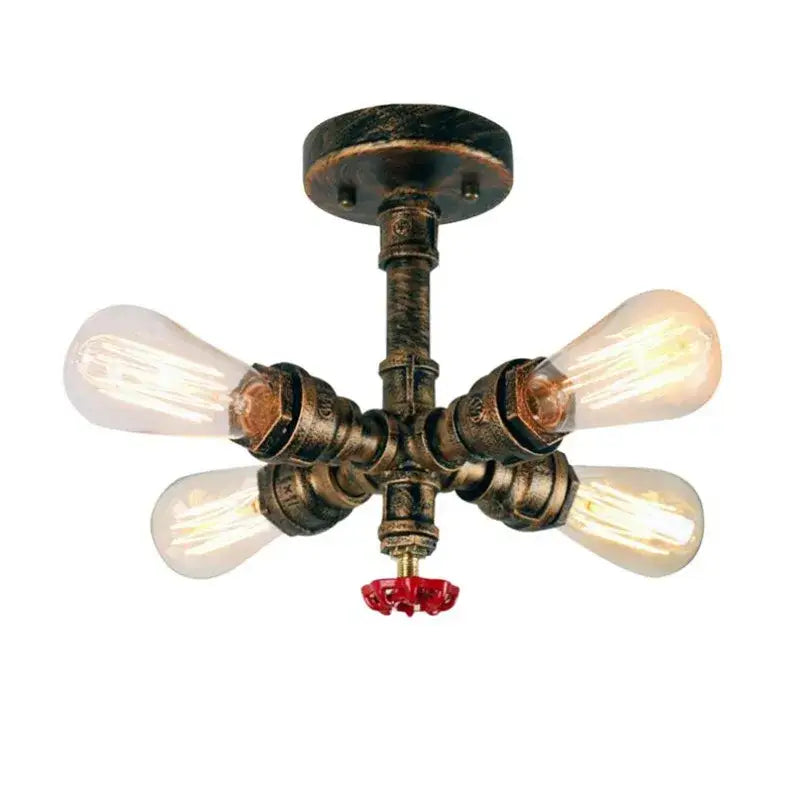 Industrial brass ceiling chandelier with four exposed filament bulbs dark bronze pipes and vibrant red knob decorbites industrial brass