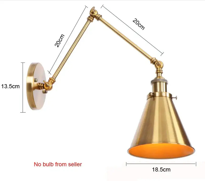 Brass-finished decorbites adjustable long arm wall lamp with conical shade and orange interior for bedroom wall light