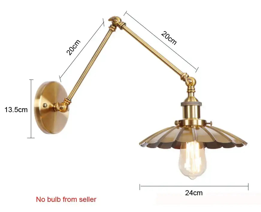 Brass-finished decorbites adjustable long arm wall lamp with fluted petal shade and exposed edison bulb industrial style wall light