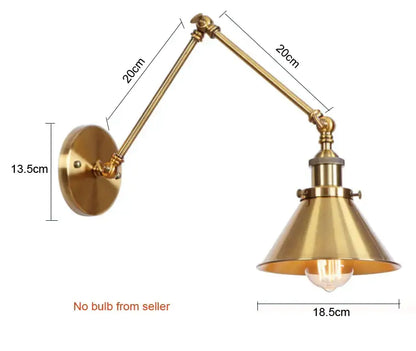 Brass-finished decorbites adjustable long arm wall lamp with conical shade and articulated arm for bedroom wall light
