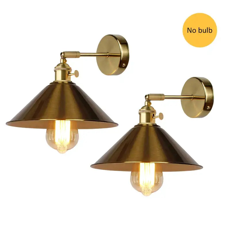 Pair of industrial brass decorbites copper vintage wall lamps with conical shades and exposed Edison bulbs for bedroom sconce